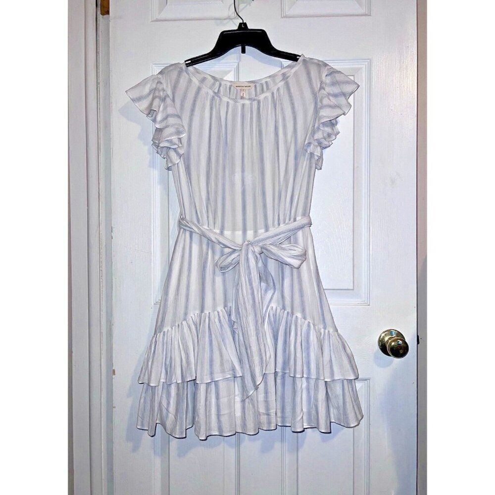 REBECCA TAYLOR Yarn Dyed Striped Self Tie Ruffle SS Mini Dress Size 2  Gauzy